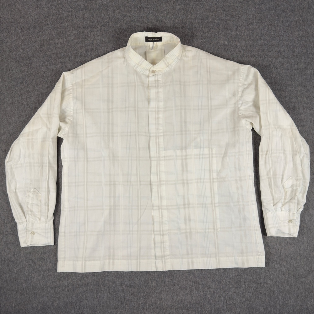 Eskandar Shirt Womens 1 White Plaid Cotton Stand Collar Long Sleeve Button Front